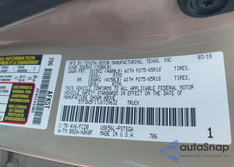 2018 Toyota Tundra Sr5 5.7L V8 из США, поврежденный, VIN 5TFDW5F17JX739632